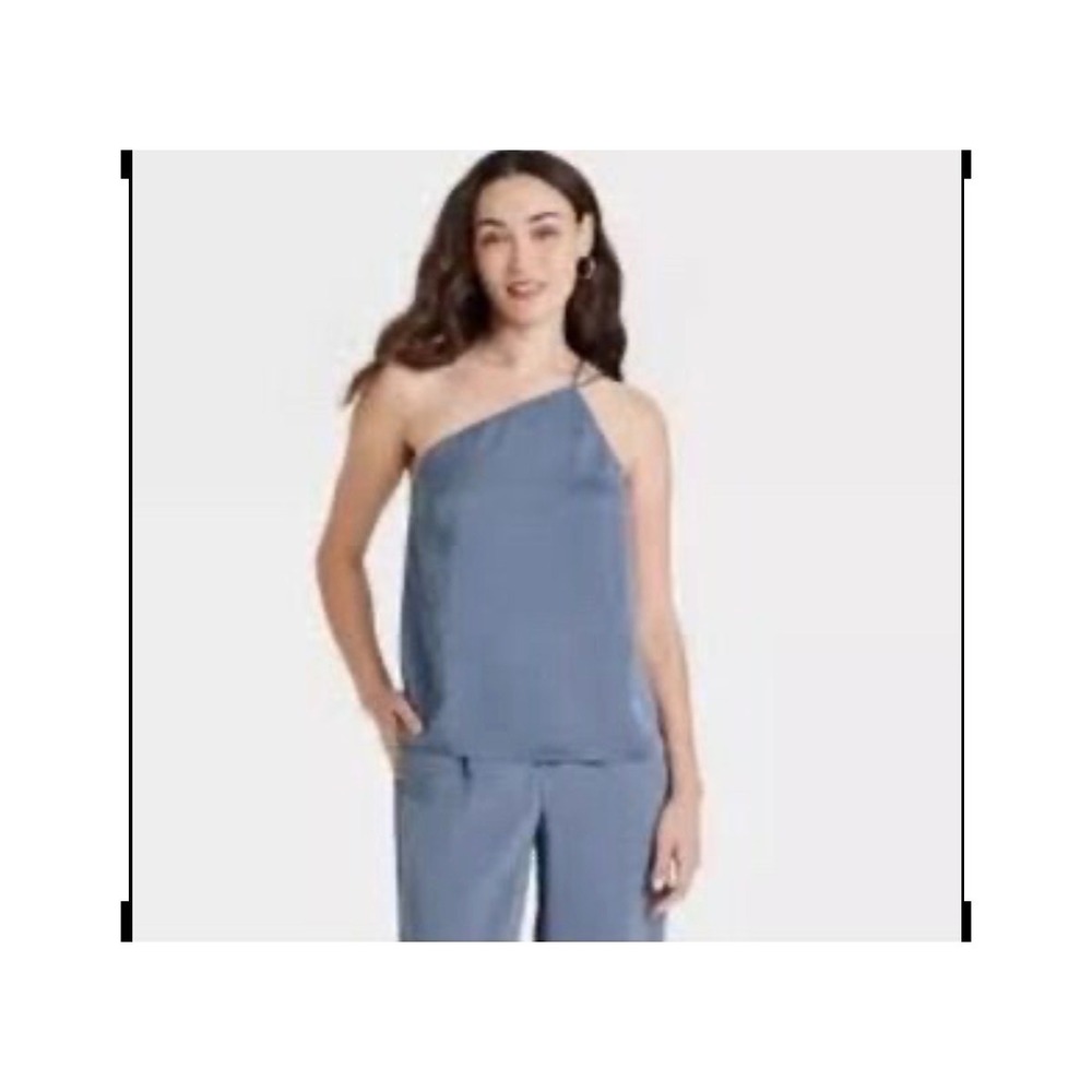 A New Day Womens One Shoulder satin Cami Top Dark Blue Size M NWT